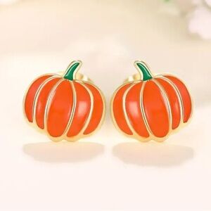 Fall Autumn Halloween Pumpkin Enamel Gold Toned Stud Earrings